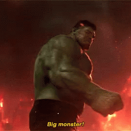Gif of the meme where Hulk exclaims "Big monster!"